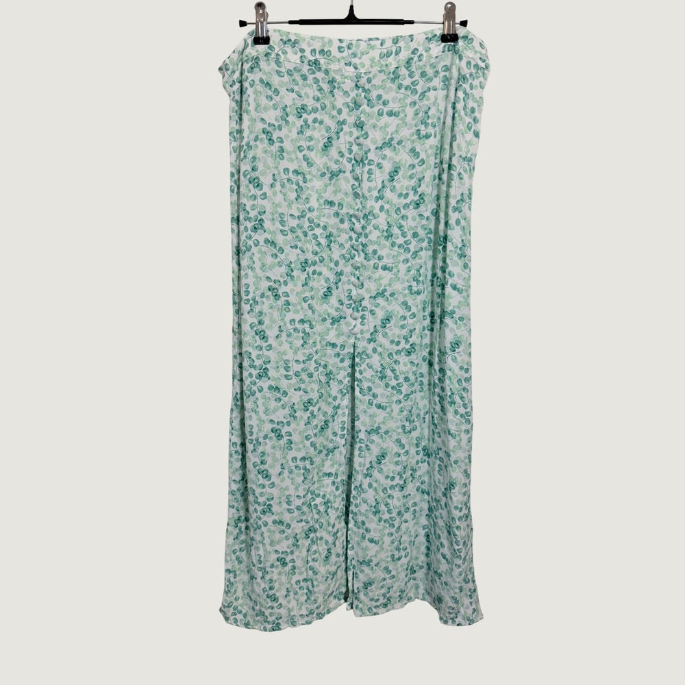 HM Green White Botanical Leaf Print Button Front Midi Skirt Size 12 Viscose